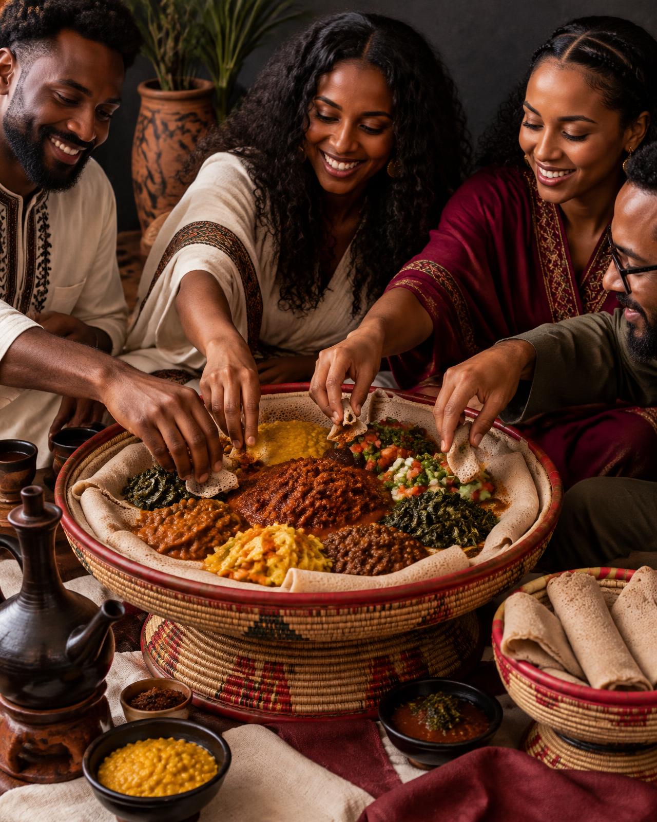 Gäste teilen eritreische Speisen an einem Mesob