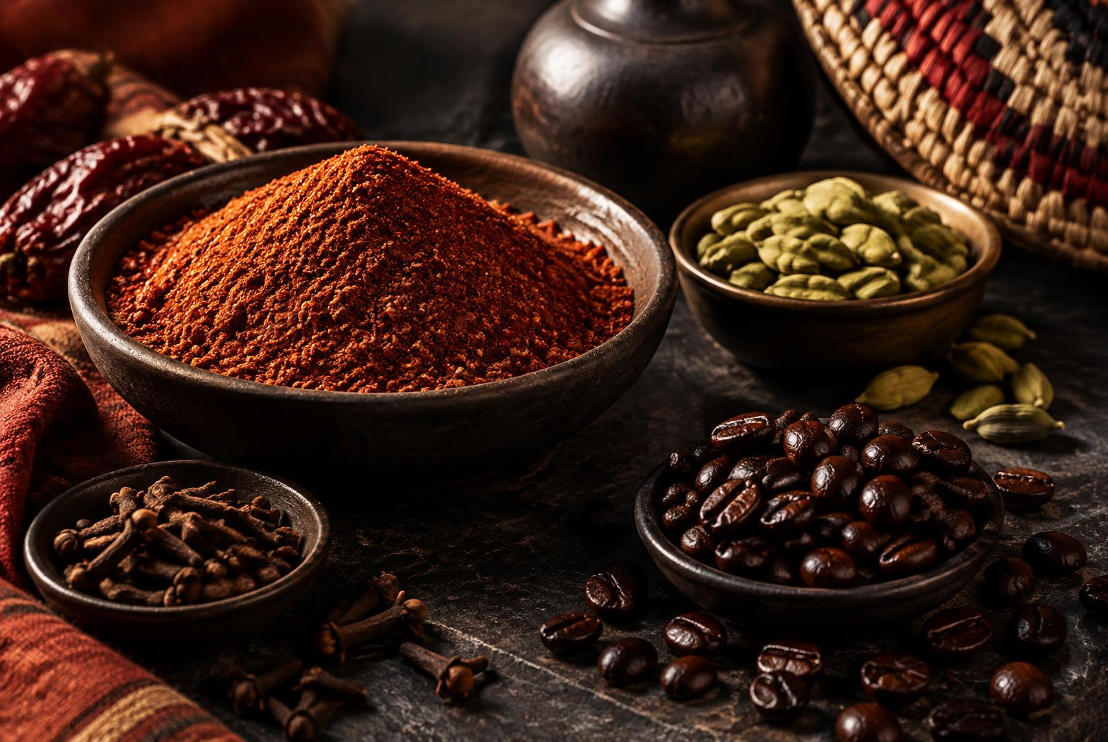 Eritreische Gewürze und geröstete Kaffeebohnen
